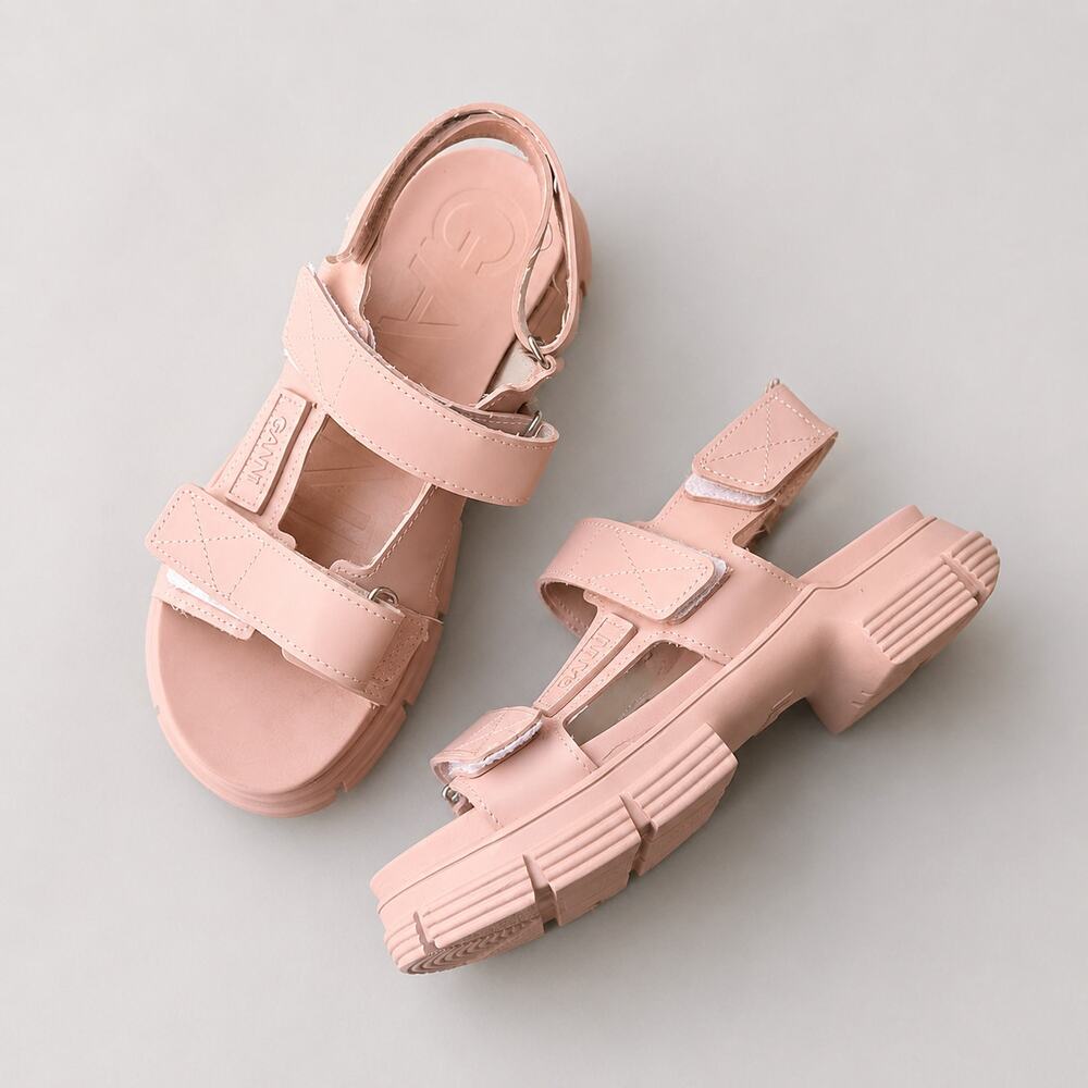 Ganni Pink Recycled Rubber Logo Open Round Toe Strap Sandals, size EU39/US9
